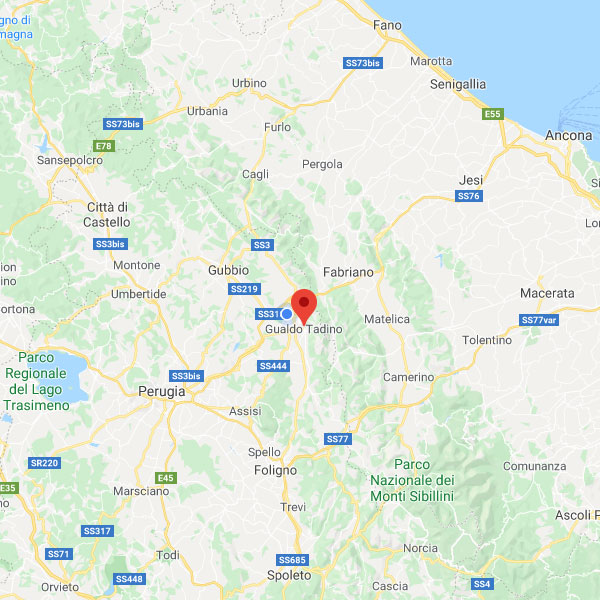 Mappa dell'Umbria con localizzazione della nostra agriturismo vicino a Gualdo Tadino, ideale per escursioni e relax.
