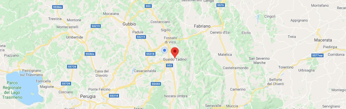 Mappa dell'Umbria centrale con localizzazione di un agriturismo nei pressi di Gualdo Tadino, ideale per turisti italiani.